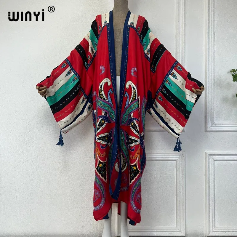 WINYI America elegant boho kimono Africa plażowe tuszowanie nadruk kardigan stroje plażowe dla kobiet maxi abaya sukienka na wakacje