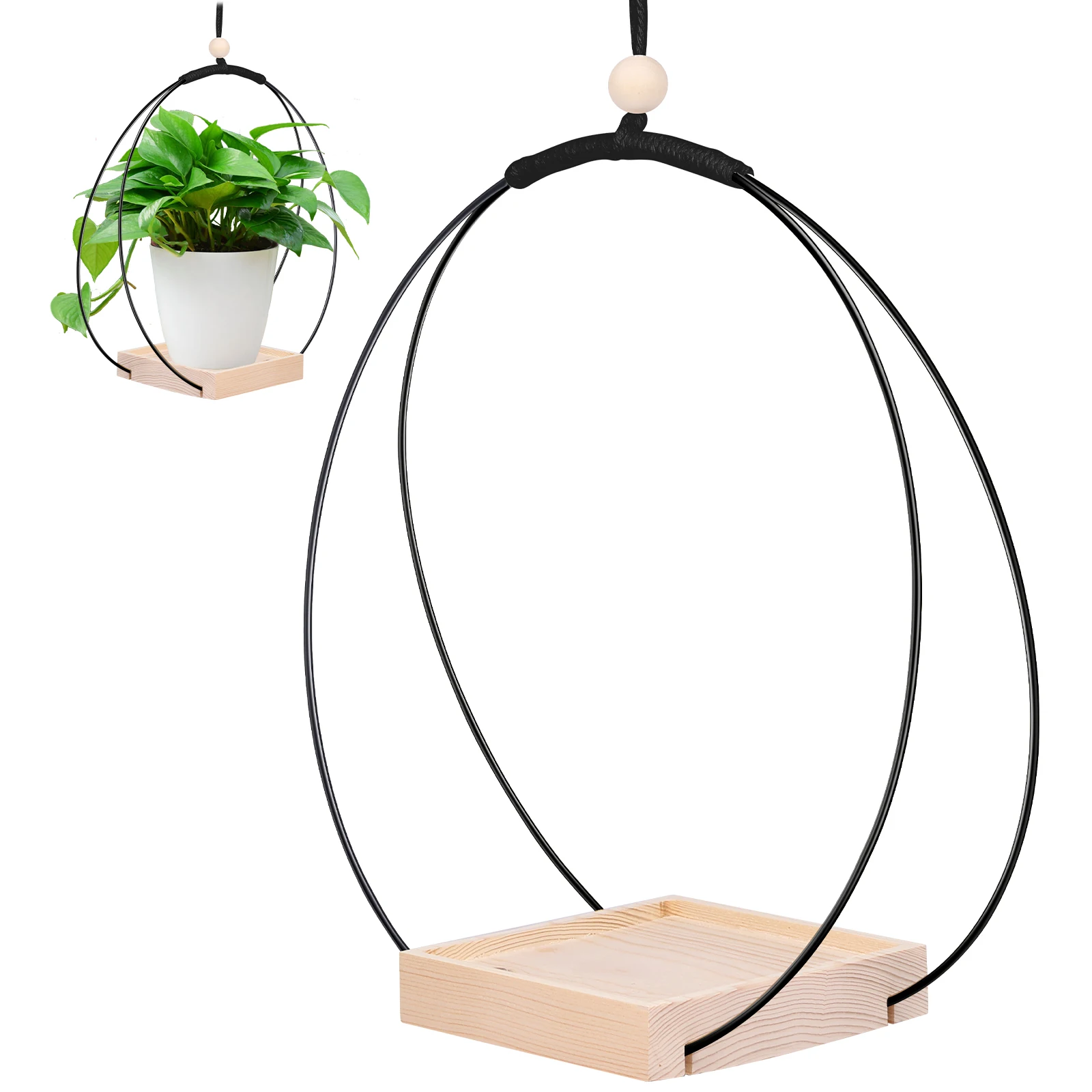 2Pcs Hanging Planter Modern Hanging Plant Holders Iron Plant Hangers with Wood Base Hanging Planter Shelves Plant Display