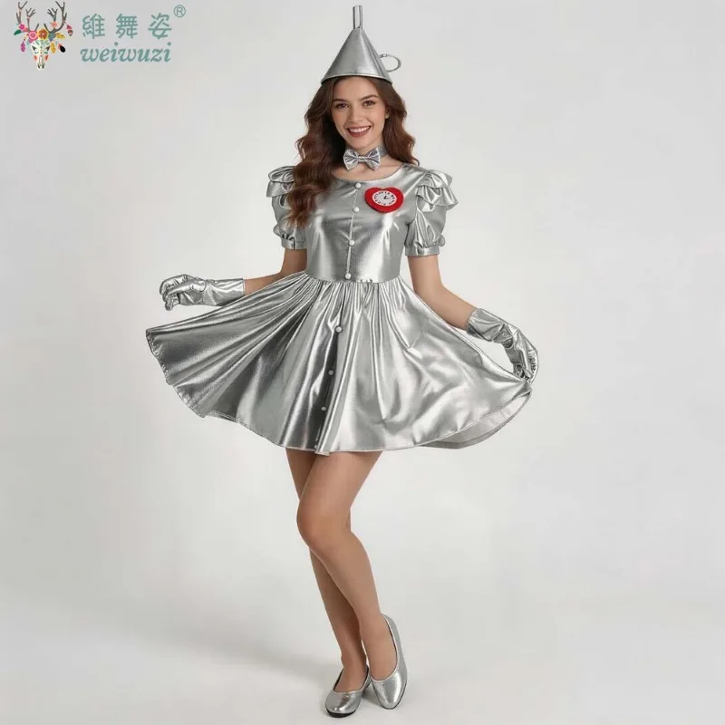 女性ハロウィンティンマンメタリックシルバーコスプレ衣装オズの魔法使いアニメキャラクターステージパフォーマンス宇宙飛行士ファンシードレス