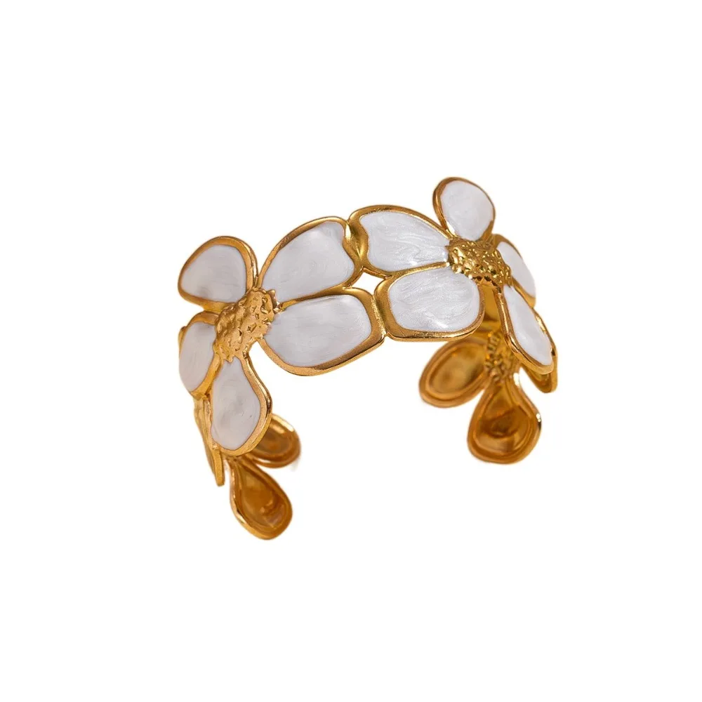 

Elegant Enamel Flower Bracelet Gold Color Wide Opening Bangles Exaggerated Stainless Steel Vintage Cuff Girl