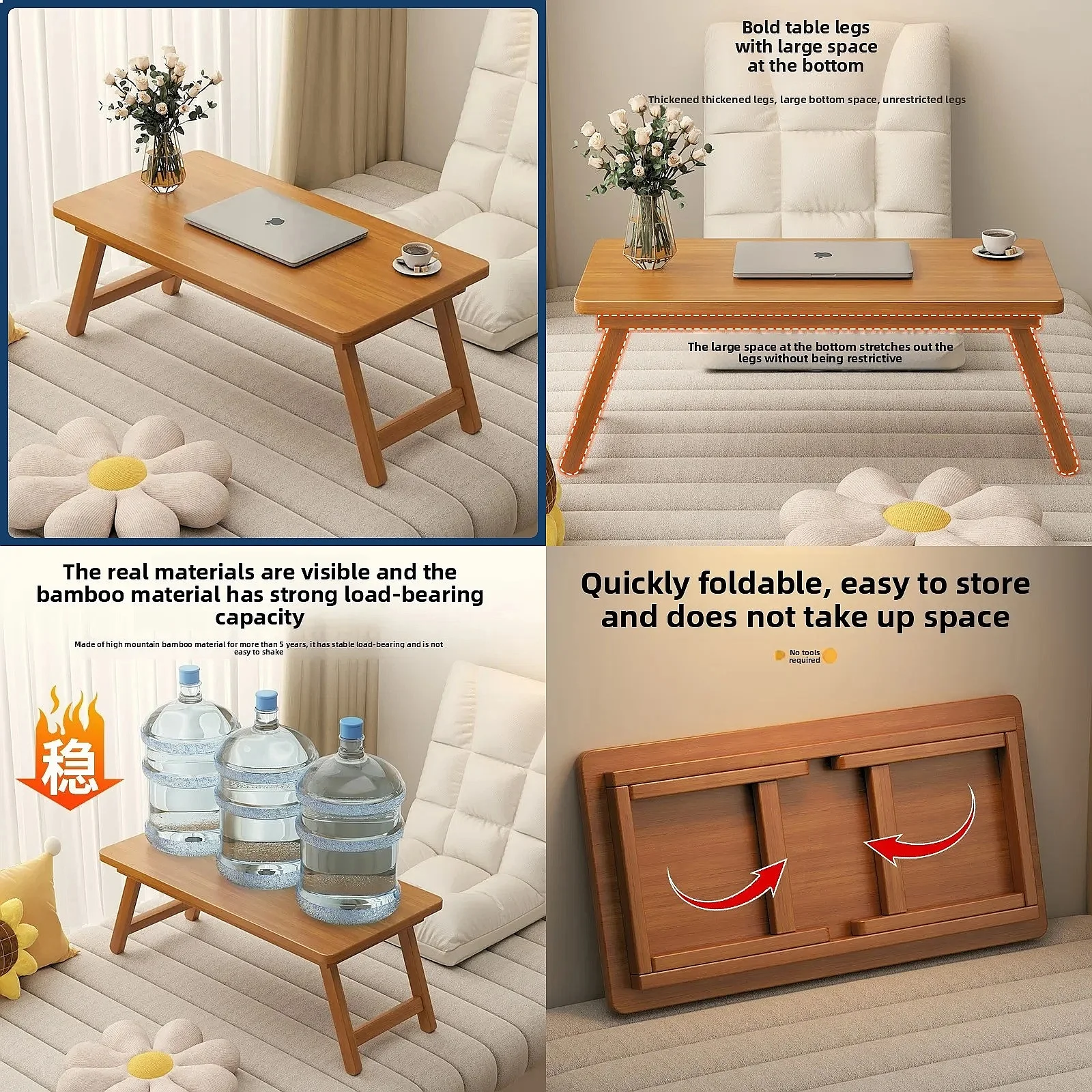 Foldable Tatami Coffee Table - Japanese Style Low Table for Bay Window & Living Room, Portable Bed Tea Table, table basse