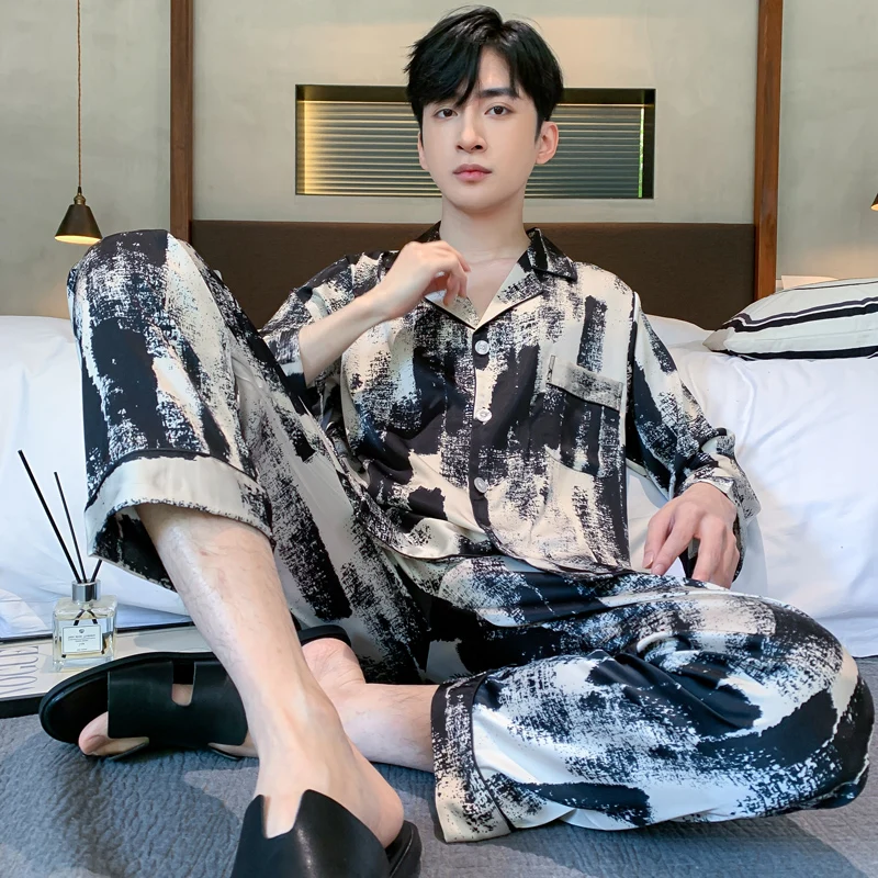 Spring and Autumn Ice Silk Pajamas Men's Long Sleeve Simulation Silk Ink Printing Thin Satin Silk Summer Youth Homewear Set