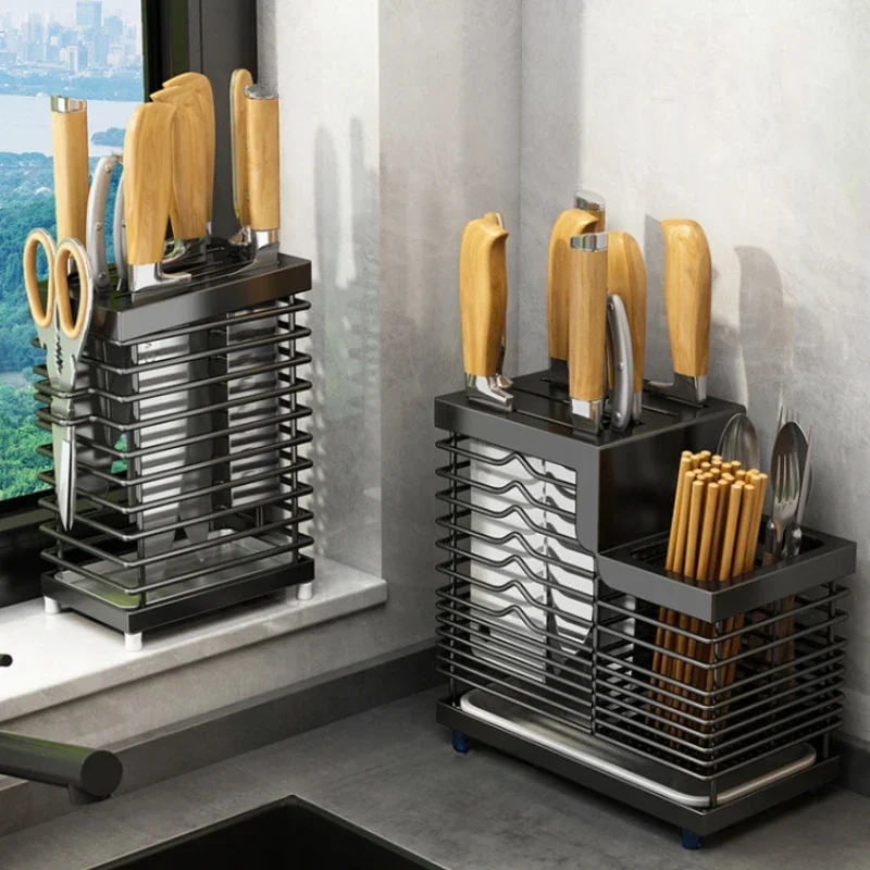 

Non Perforated Wall Mounted 304 Stainless Steel Knife Holder Household Kitchen Countertop Chopstick and Tool Storage Rack