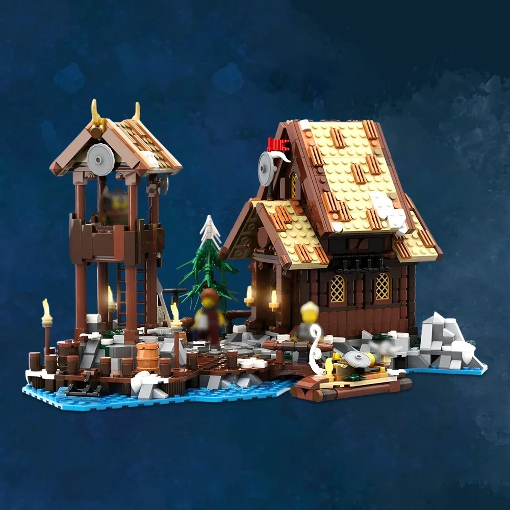MOC-200311 viking aldeia expansão à beira-mar blocos de construção modelo medieval viking aldeia arquitetura tijolos montagem brinquedos presente