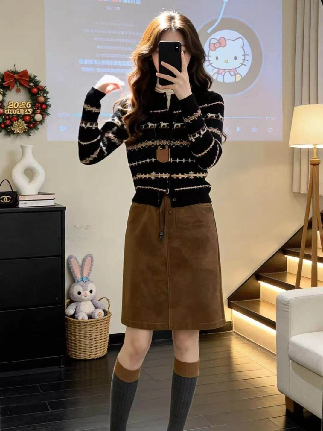 Spring 2026 Women's Short Knitted Cardigan Dog Pattern Fair Isle Embroidery Slim Fit Black Sweater Jacket Commute Style Korea...