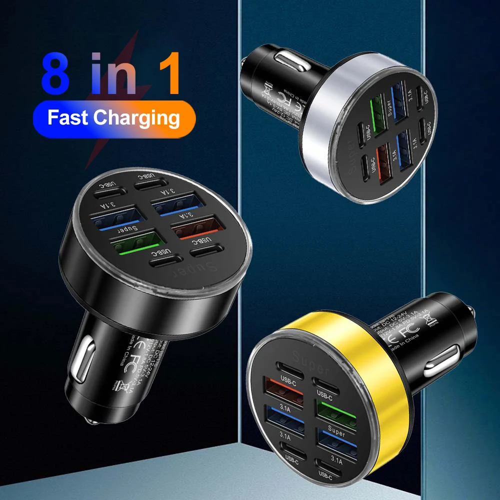 8 Ports Autoladegerät Schnellladung PD QC3.0 USB C Autotelefon-Ladegerät Typ C Adapter im Auto für iPhone Samsung Huawei