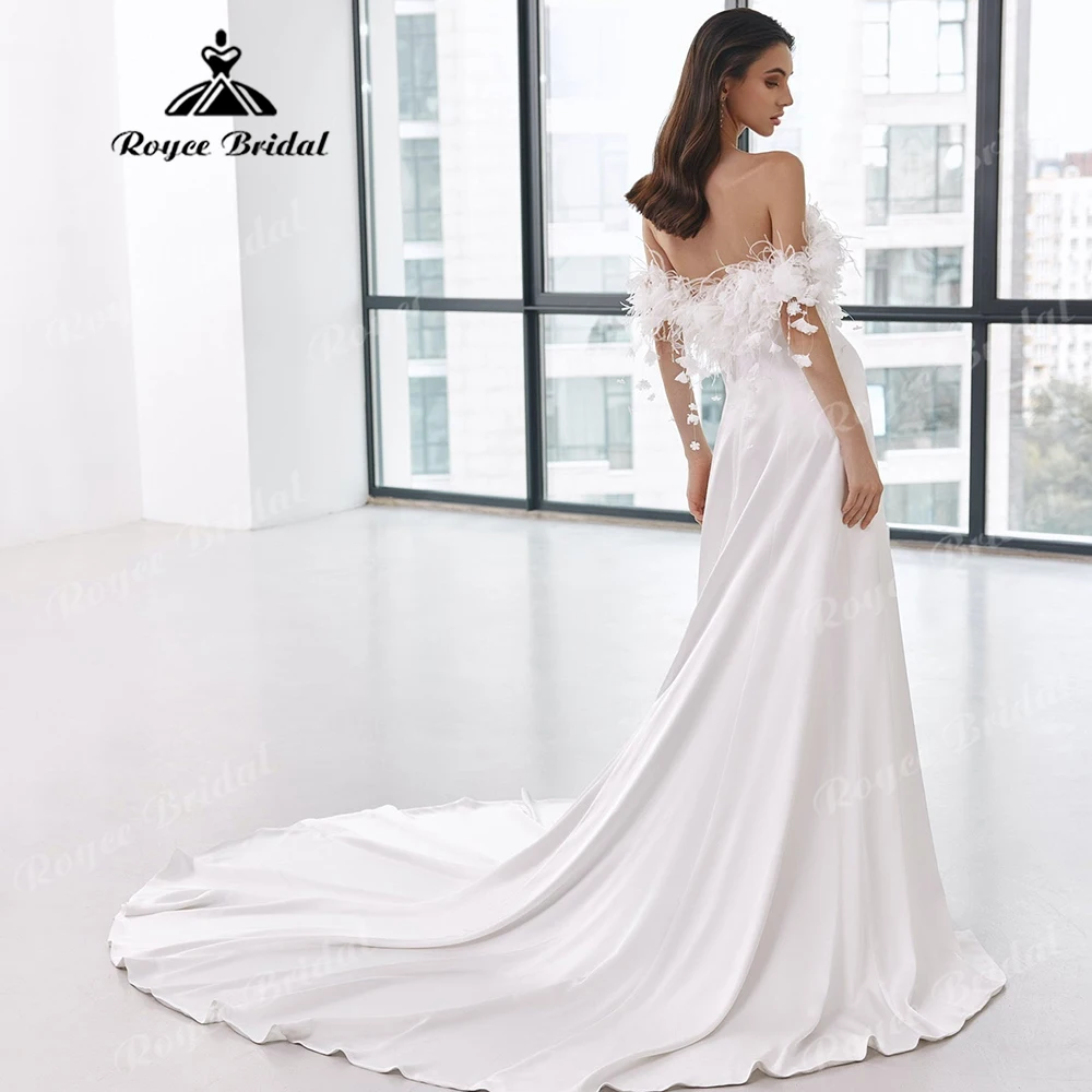 2027 Modern Feather Floral Satin Wedding Dress Off-Shoulder Fit-and-Flare Bridal Gown Customized