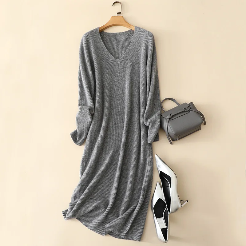 

masigoch winter new styles ribbed knit 100% cashmere v neck elegant long dresses