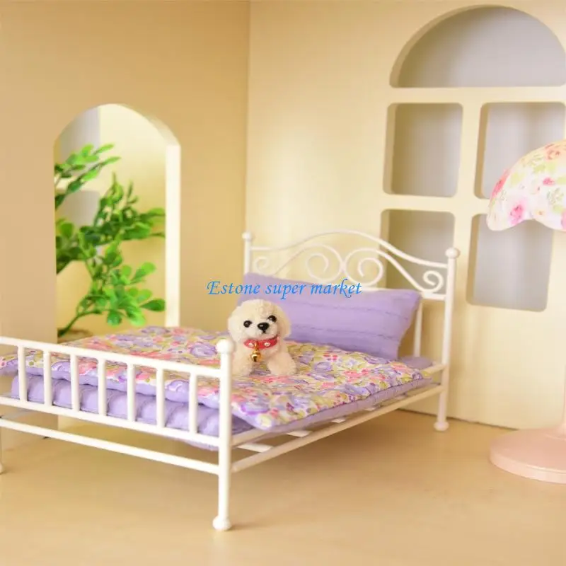Picture 5: 090B Elegant Metal Bed Model House Bedroom Double Bed 1:12 Scale Mini Furniture Collection
