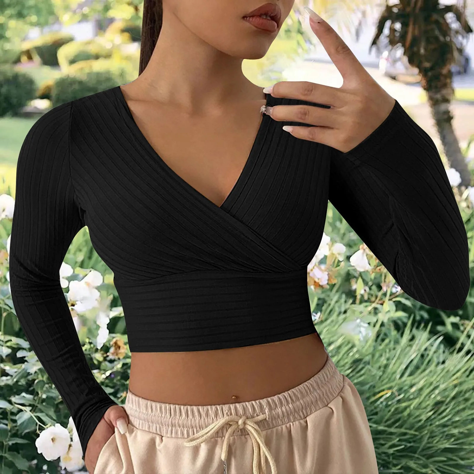 Sexy Cross Wrap V Neck Ribbed Knit T Shirt Women\'s Crop Tops Sexy Slim Fit Solid Spring Fall Long Sleeve Y2k Clothes Pink Tops