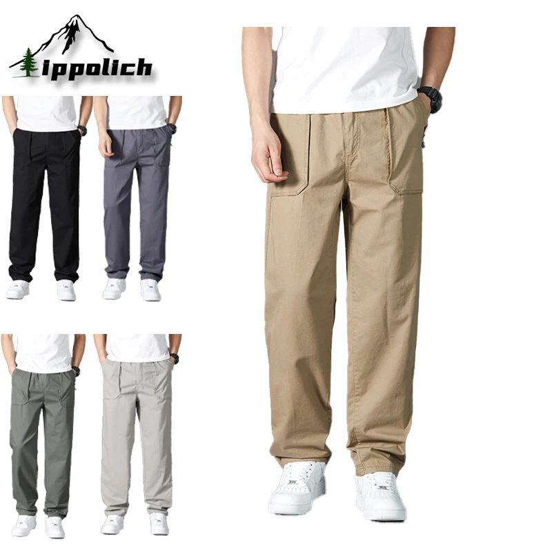 IPPOLICH Spring New Casual Cargo Pants Large Size Loose Mens Long Cargo Pants Summer Men Solid Color Outdoor Street Casual Pants