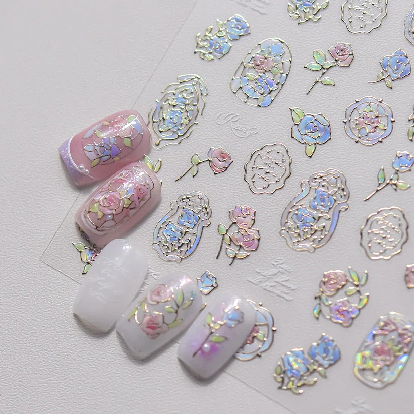 Retro Delicate Shiny Rose Camellia Flowers Tender Leaf 3D Self Adhesive Nail Art Sticker Chic Gradient Rhinestone Manicure Decal