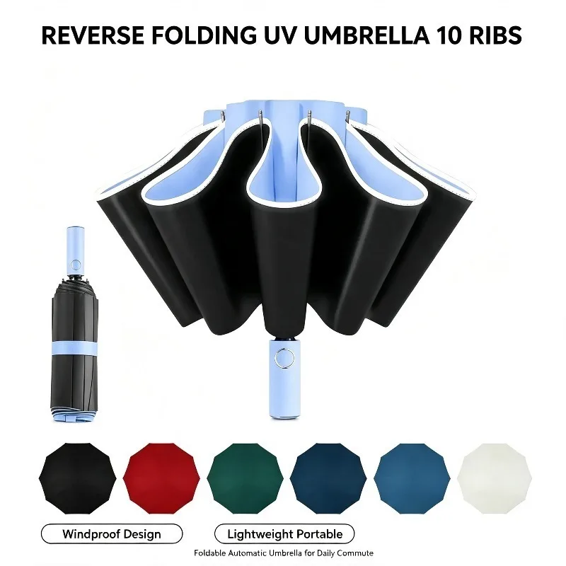Automatic UV Protection Umbrella 10 Ribs Reverse Folding Compact Auto Open Close Sun Rain Windproof Lightweight Portable Travel