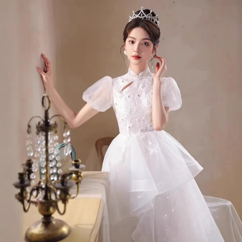 White Evening Dress, Women's 2025 New High-end Engagement and Toasting Outfit, Light Luxury, Niche High-end Host, Chinese Style