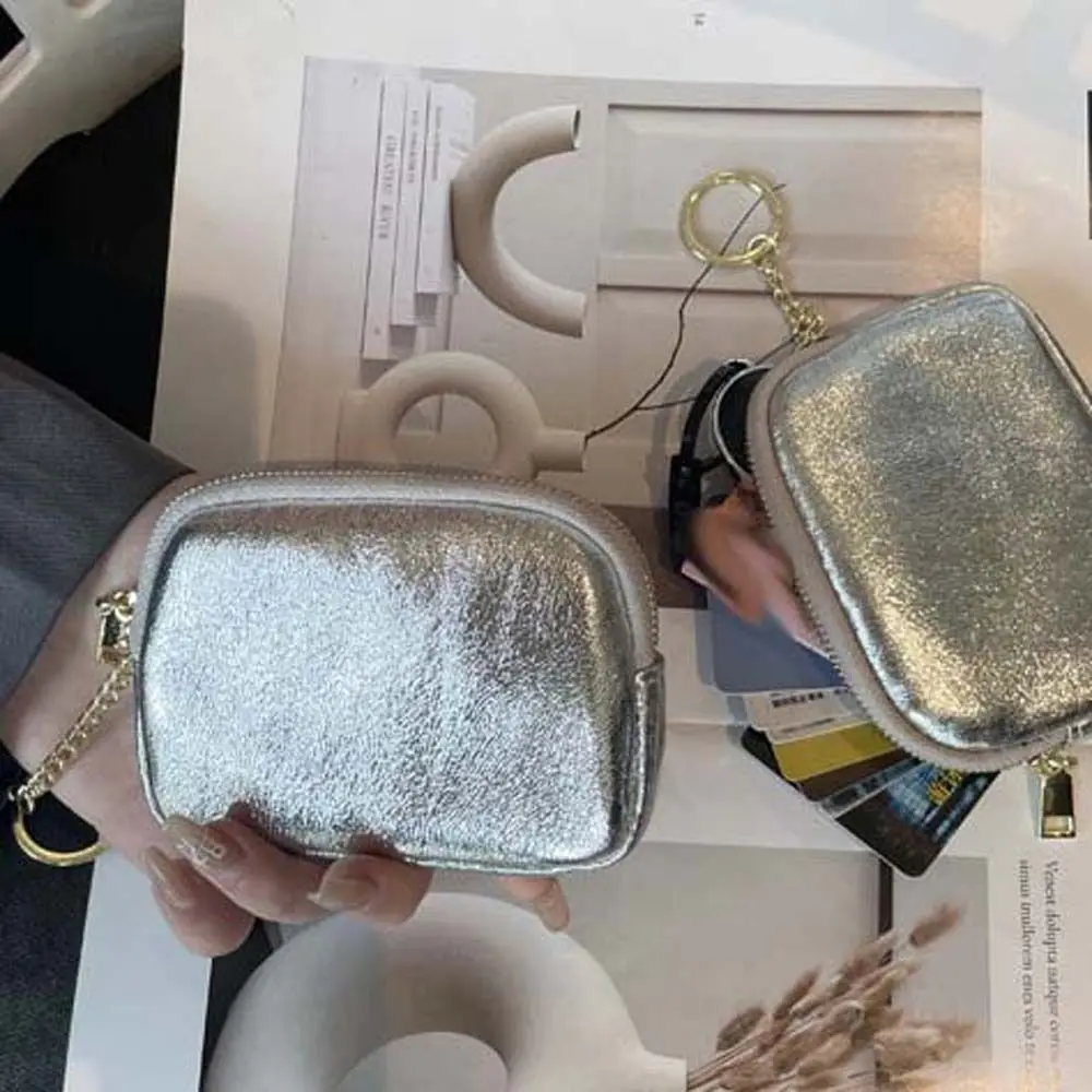 

Simple Genuine Leather Silver Wallet Korean Style Solid Color Zipper Coin Purse Earphone Pouch Clutch Small Item Bag Outdoor