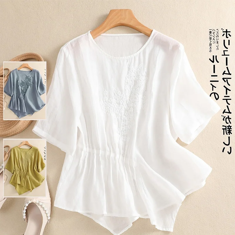 

Художественная плиссированная футболка из чистого хлопка и льна ort Sve, летняя женская модная круглая футболка большого размера, тонкая нестандартная...