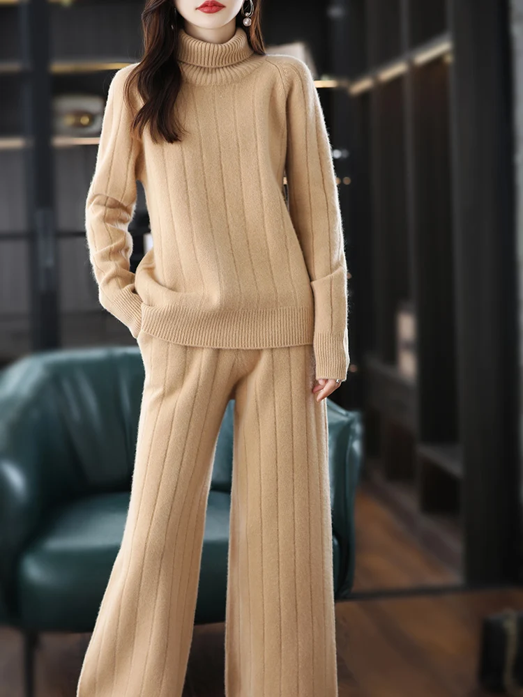 New 100% Pure Wool Two-piece Women\'s Turtleneck Pullover Top Casual Knitted Wide-leg Trousers Autumn / Winter Fashion Thickening