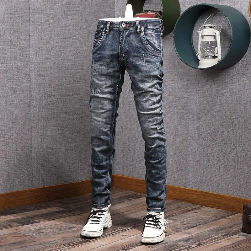 

Italian Fashion New Men's Retro Blue Jeans Washed Nostalgic Stretch Slimming Jeans Designer Embroidered Pants Hombre