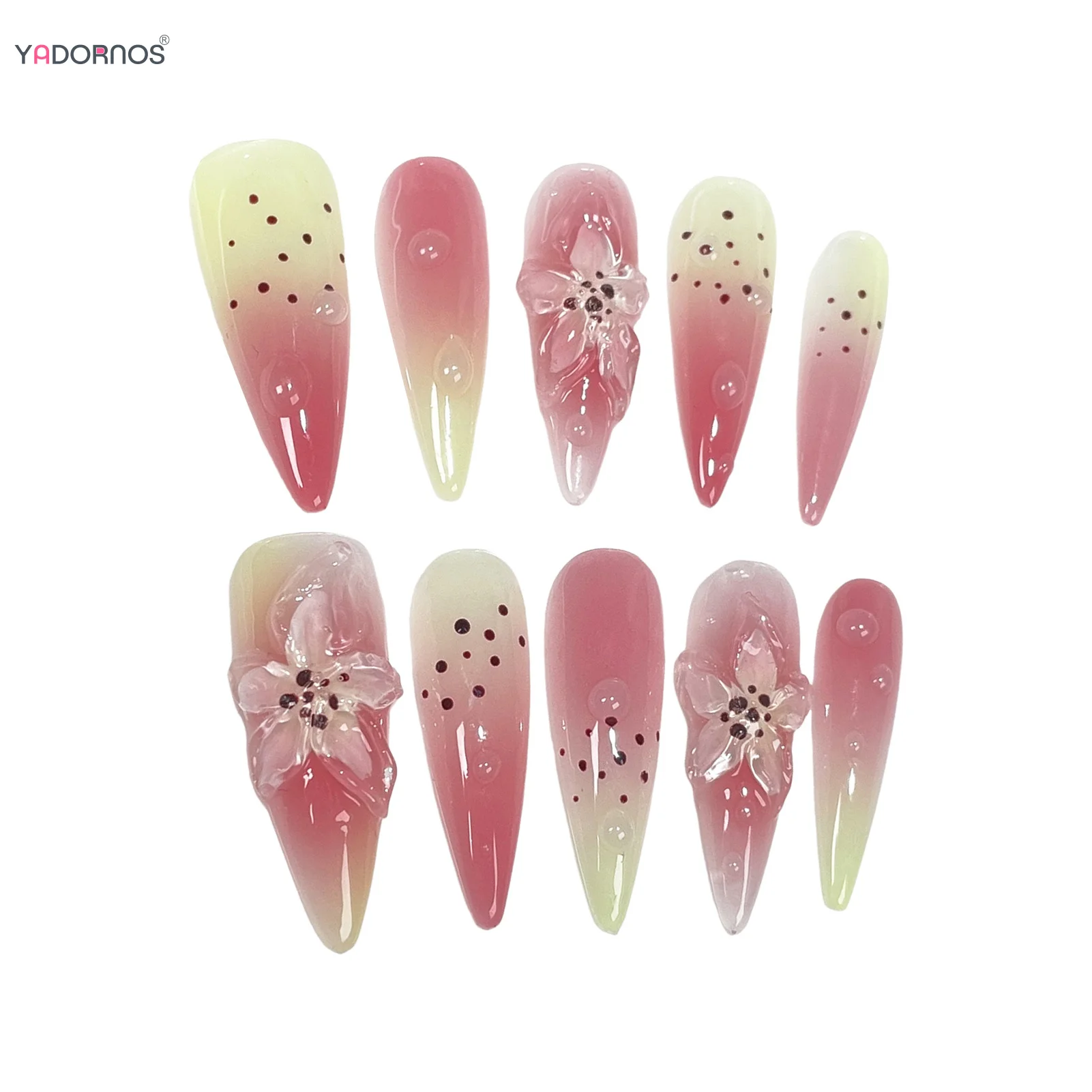 Blush Pink Handamde Fake Nails Long Stiletto Press on Nails Fairy 3D Flower Designs Korean Fashion Wearable False Nails Patch