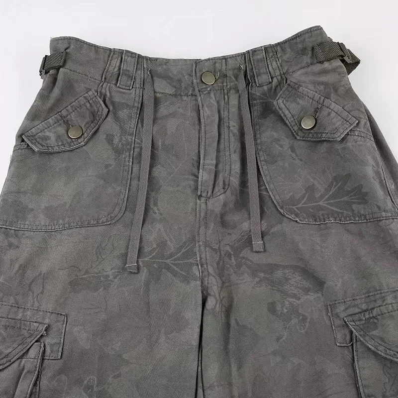 Jeans Perkakas Dasi Kaki Cetak Kamuflase Antik Kurus Anak-anak Tinggi Amerika Jeans Kaki Lebar Hip Hop Jalanan Rempah Wanita