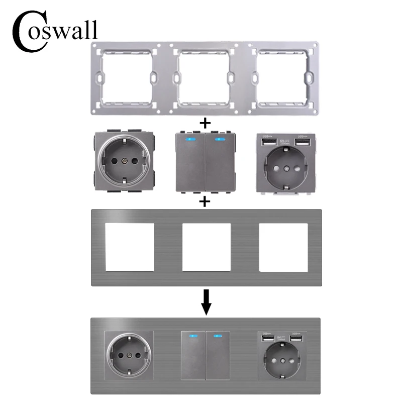 COSWALL L1 Series Grey Brushed Aluminum Panel Gray Wall Switch EU Socket HDMI-compatible USB Charger TV RJ45 Modules DIY