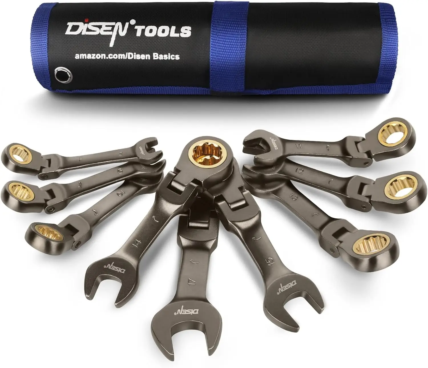 

9-Piece 90-Tooth Flex Head Stubby Ratchet Wrench Set, Metric 8-17mm, CRV Steel with Nickel Plating and Roll-Up Pouch