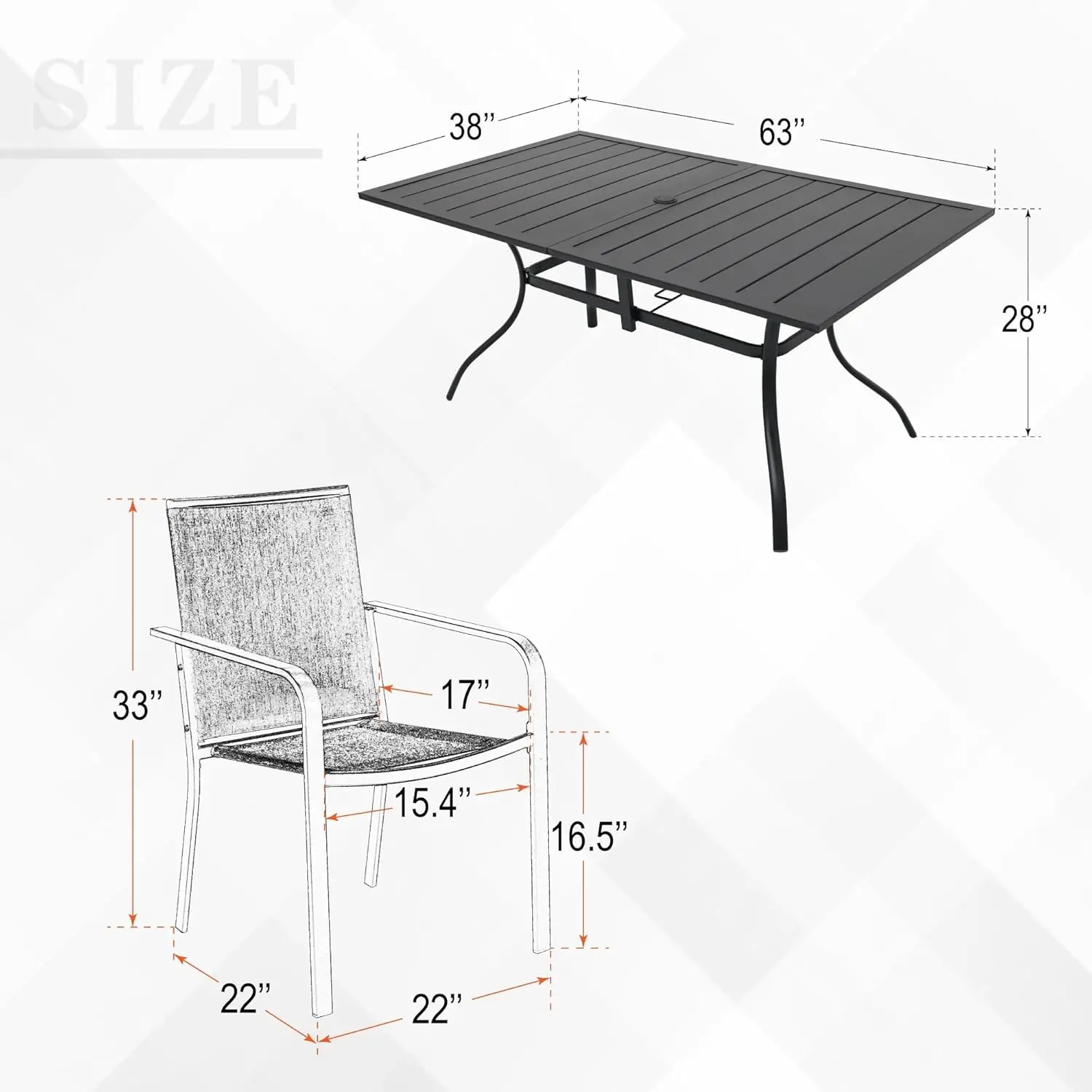 Ensemble de salle à manger de patio extérieur 7 pièces, 6 chaises de patio empilables et table à manger rectangulaire avec ensemble de meubles à cadre toutes saisons