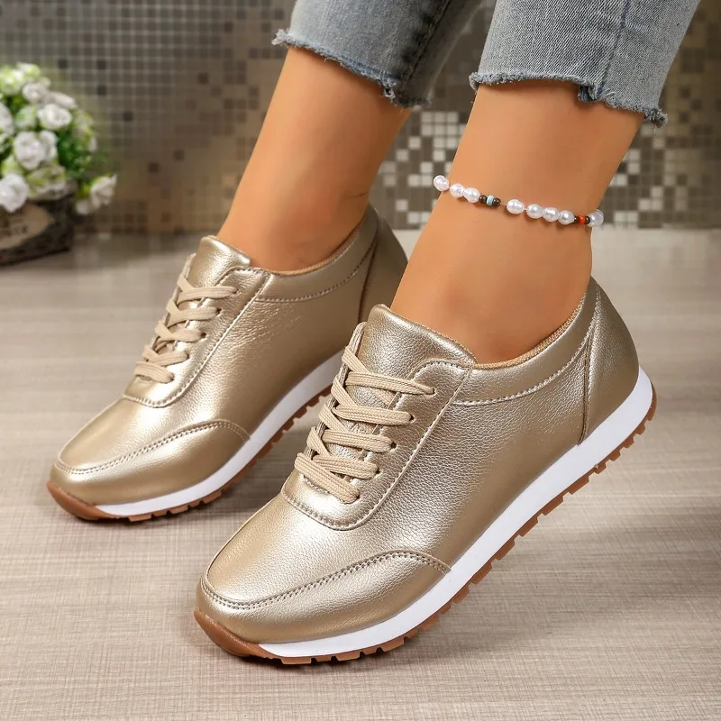 Fashion Gold Silver Platform Sneakers Women Spring Autumn Lace Up Plus Size Casual Sneakers Woman Comfort Non Slip Sport Shoes