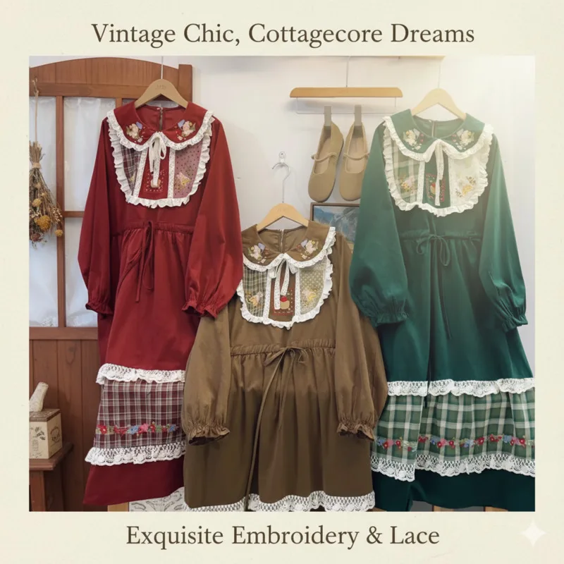 

Grid Lace Midi Dresses Y2K French Vintage Corduroy Dresses Ruffled Peter Pan Collar Sweet Waist Cinched A-Line Long Dresses New