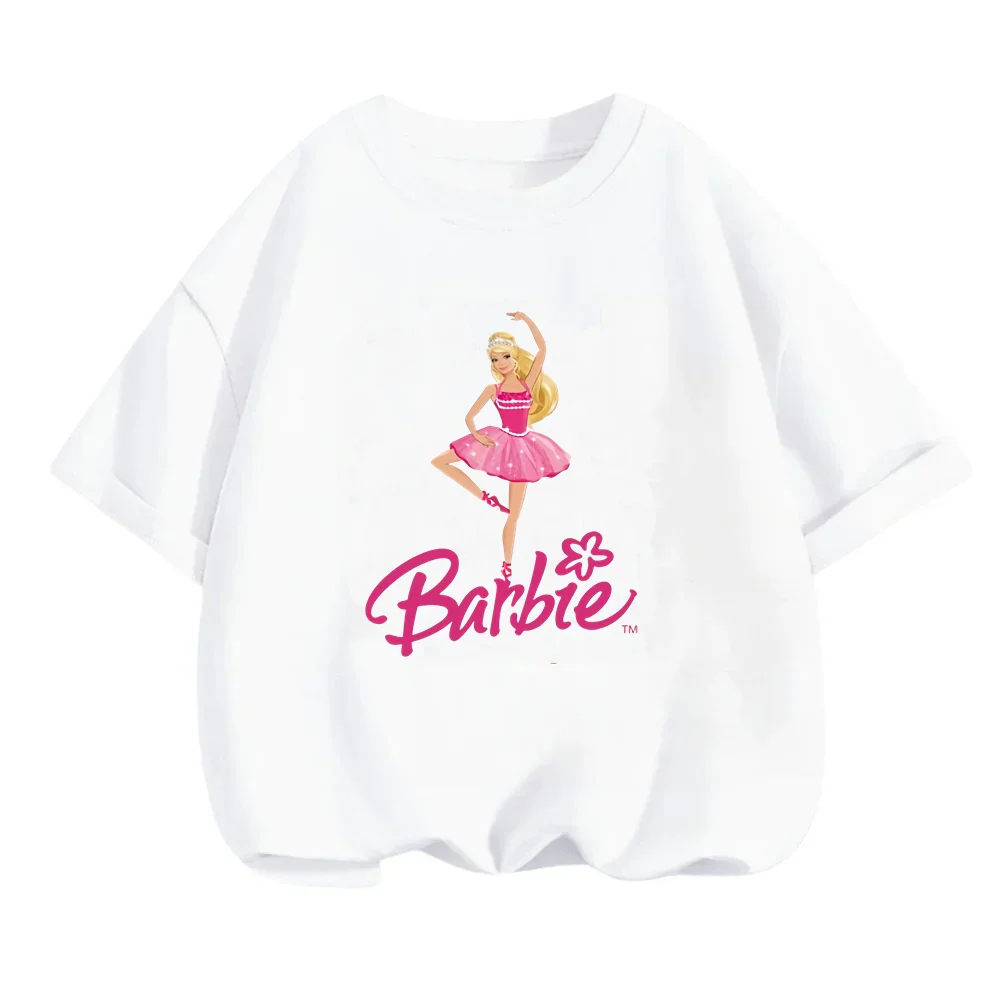 

2024 Summer Barbie Princess T-shirt Girls Women Kids Boys Short sleeved T-shirt Y2K Cartoon Children's T-shirt Size 100-160