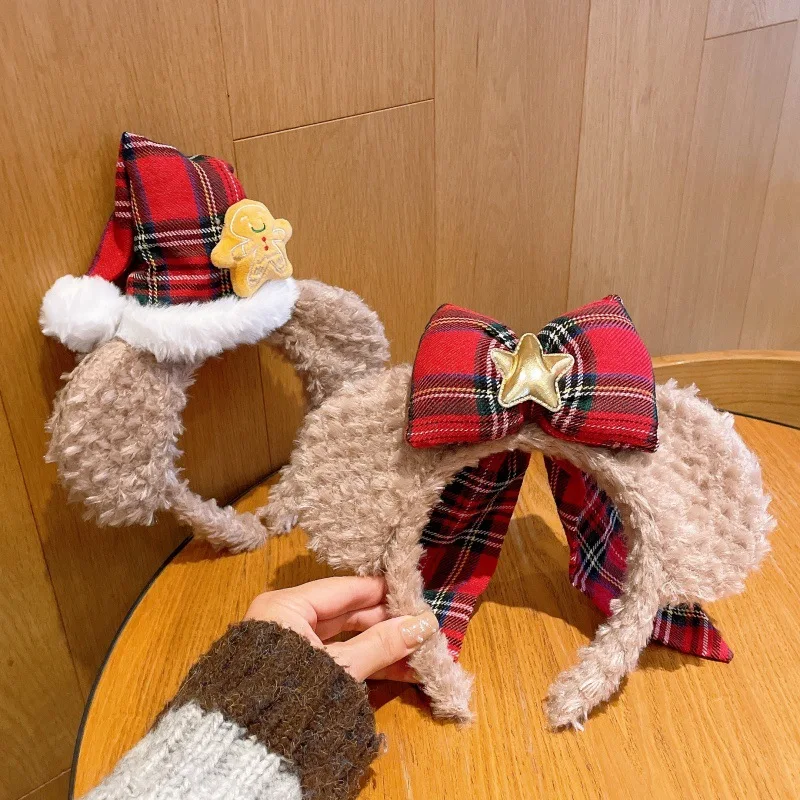 Headband Plush Bow Furry Pompom for Christmas New Year Holiday Party Theme Park Photo Prop Cute Soft Non Slip Comfortable