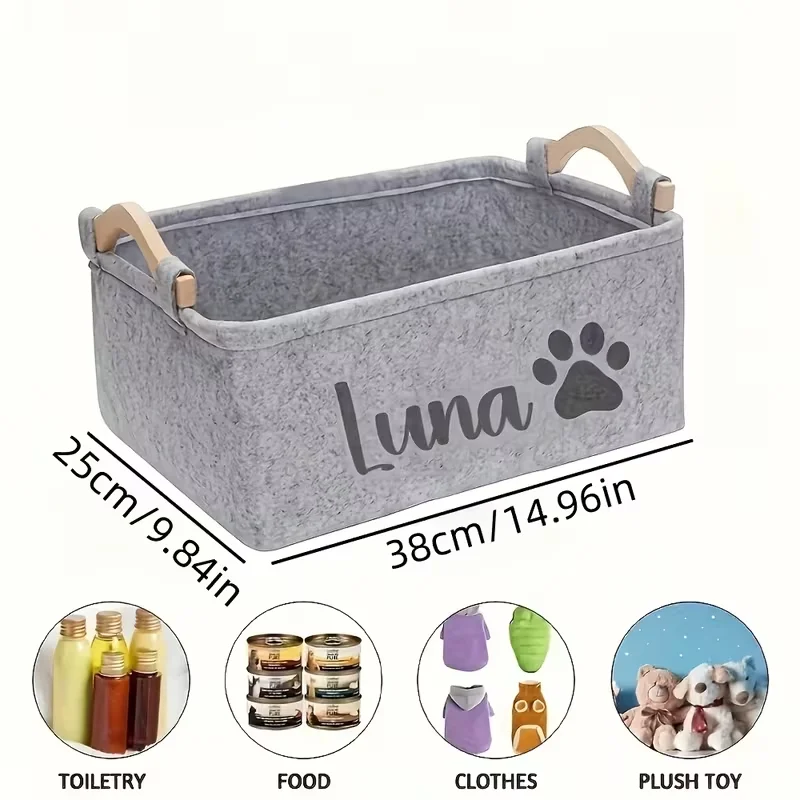 Custom Dog Cat Name Pet Toy Storage Basket Personalized Felt Toy Box Organizer for Toys Blankets Home Room Decor Pet Storage Bin