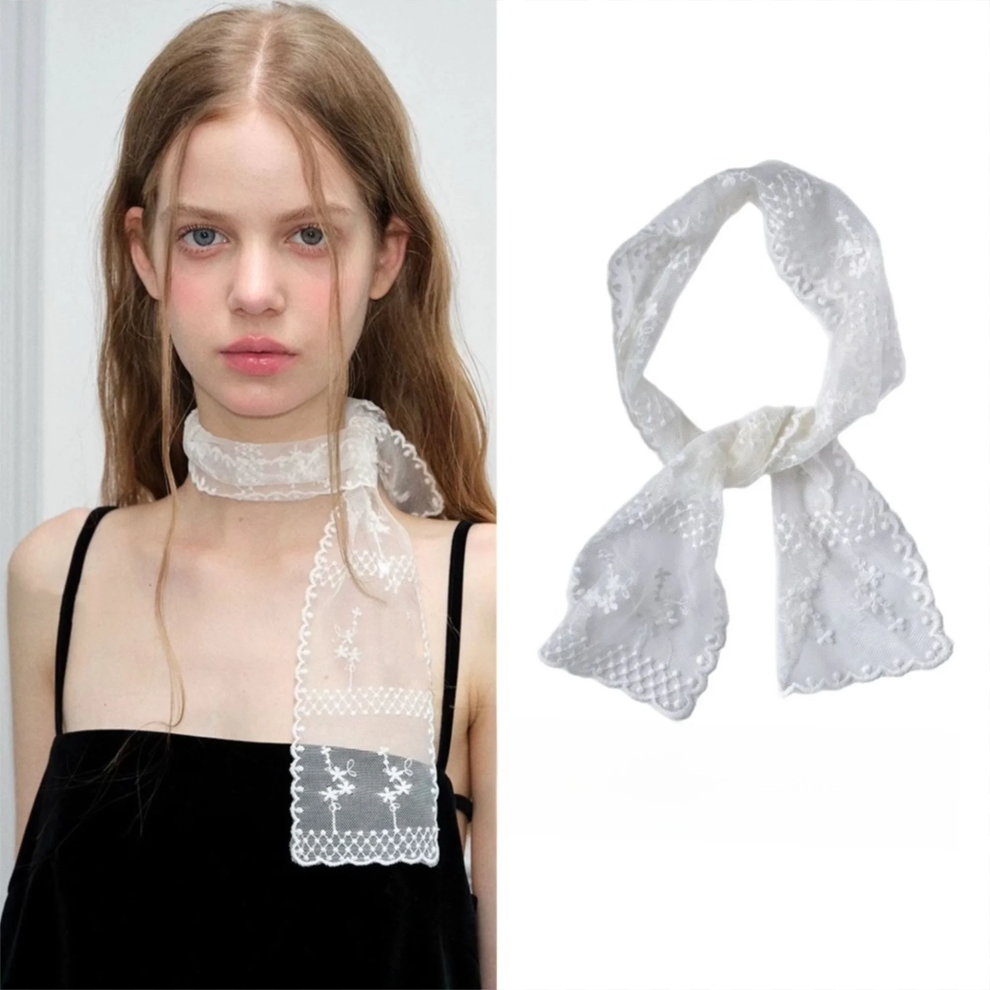 

Fashion Lace Summer Neck Strap Sweet Flower Neckerchief Long Multi-functional Ribbon Head Scarf for Women