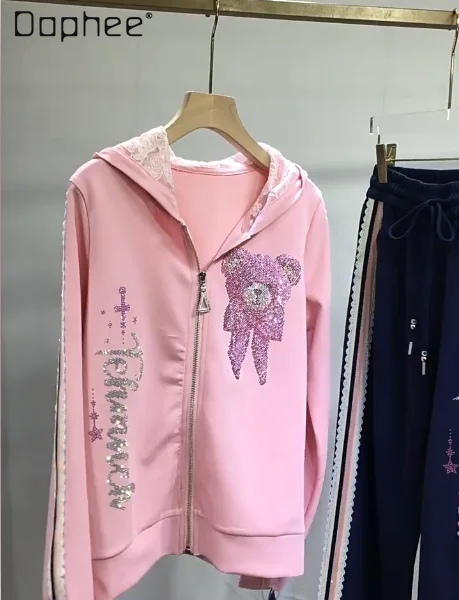 

Куртка со стразами для тяжелой промышленности, розовый короткий кардиган с капюшоном и повседневные брюки с милым медведем, осенние комплекты из двух предметов, женская одежда