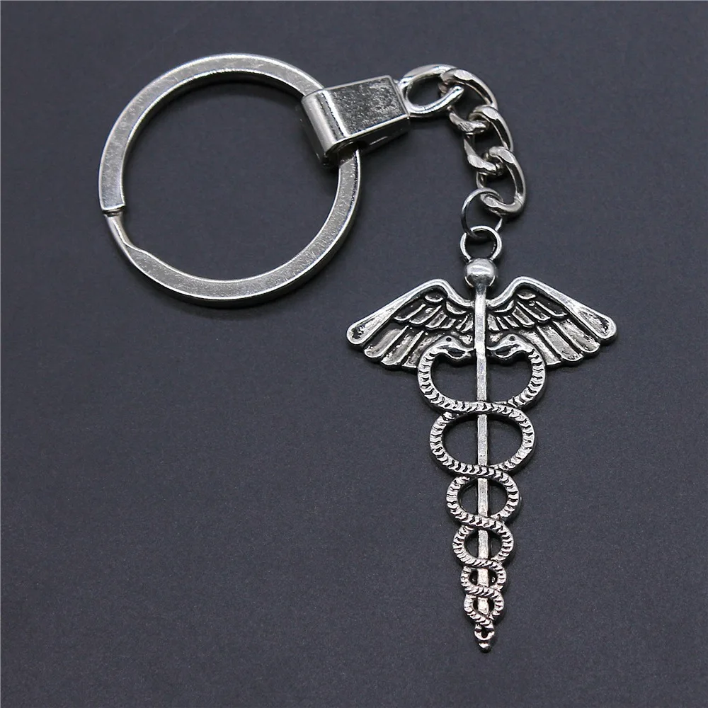 DIY Metal Holder Chain Men Keychain Vintage 2 Colors 49x30mm Caduceus Medical Symbol Pendant Souvenirs Gift