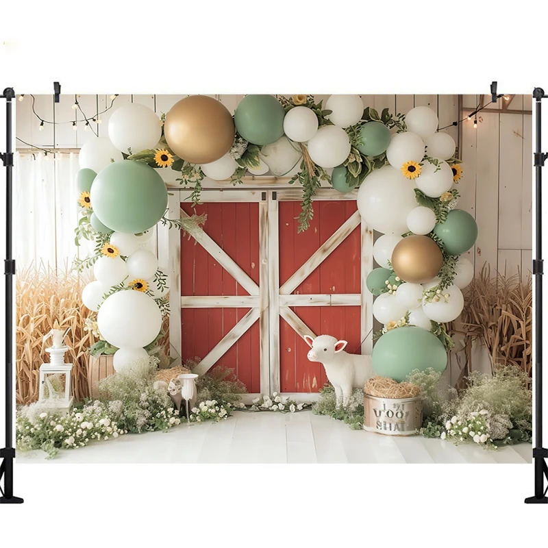 LS Photography Background Farm Barn Cow Balloon Decoration Props Kids Birthday Party Cake Smash Photo Backdrop Studio