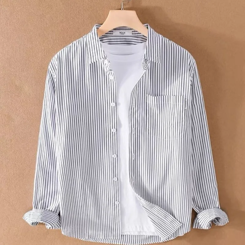 

Men's Fashion Striped Simple Casual Lapel Ice Silk Shirt Spring Autumn Stretch No Iron Long Sleeve Loose Tops Camisas De Hombre