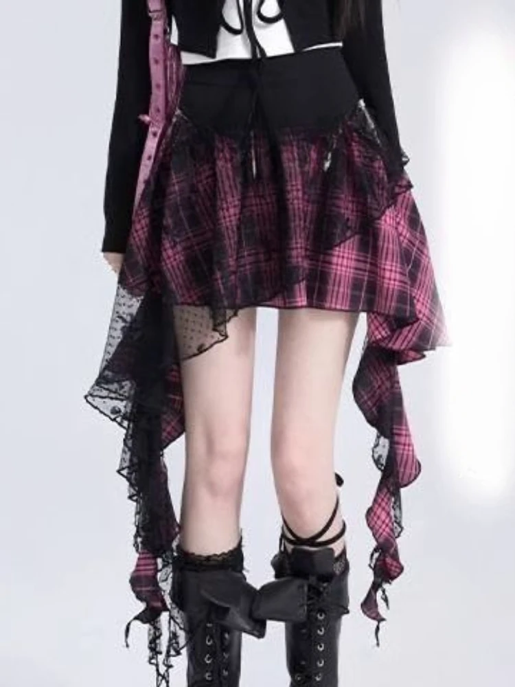 Sous-culture-Jupe en dentelle taille haute pour femme, Streetwear vintage, Kawaii, Harajuku, Rayures, Punk, Grunge, Esthétique, Y2k