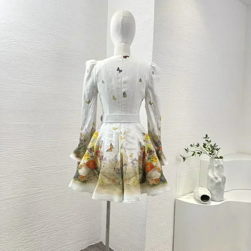 Linen butterfly floral print white elegant new 2024 full flare sleeve V-neck belted women vintage high quality mini dress