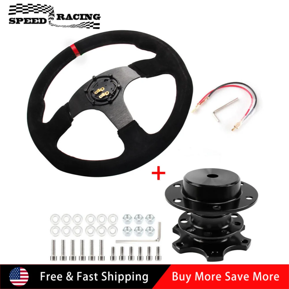 عجلة قيادة عالمية من جلد الغزال مقاس 14 بوصة مع زر قرن ومجموعة تحرير سريعة باللون الأسود