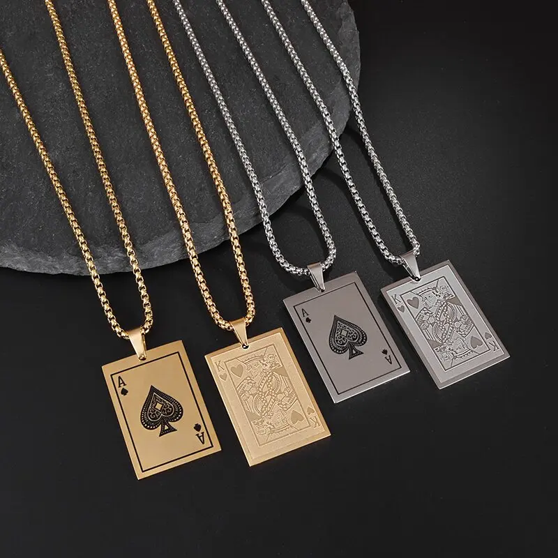 Lucky Spades Ace Playing Card Pendant Stainless Steel Casino Fortune Playing Card Necklace Men's Rock Punk Jewelry Gift