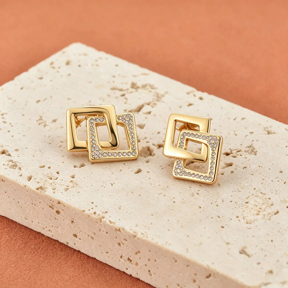 JeeMango Geometrische Doppel-Rhombus-Zirkon-Ohrringe für Damen, Edelstahl, goldfarben, Kristall-Ohrring, Modeschmuck, E26089 – Detail 3