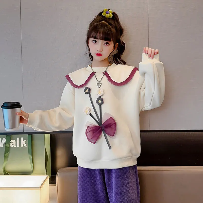 

Autumn Winter Sweatshirts Kids Long Sleeve Pullover Fashion Sudaderas Children Girls Tops Cotton Teenager Plus Velvet Clothes