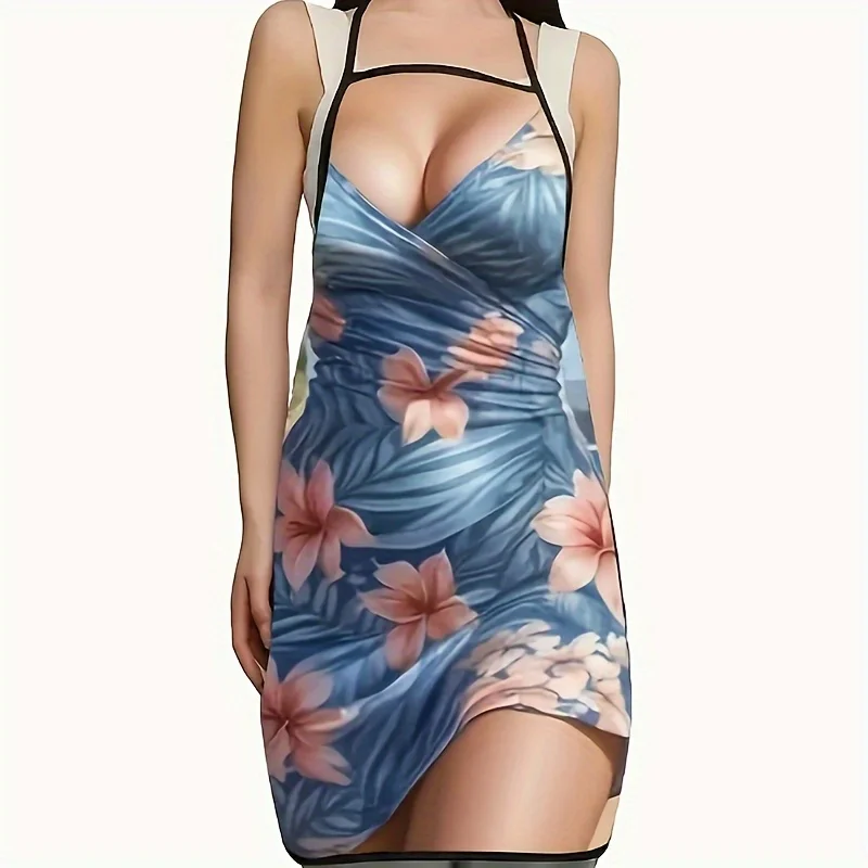 2pcs Artistic Beach Scene Aprons - Vibrant Floral & Ocean Design, Durable Polyester Kitchen Aprons with Smooth Texture for BBQ,