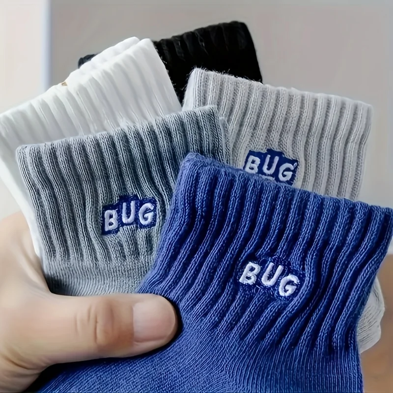 5 أزواج من جوارب الكاحل المطرزة بشعار BUG للرجال - ماصة للرطوبة، مقاومة للرائحة، جوارب رياضية منخفضة القطع لجميع المواسم