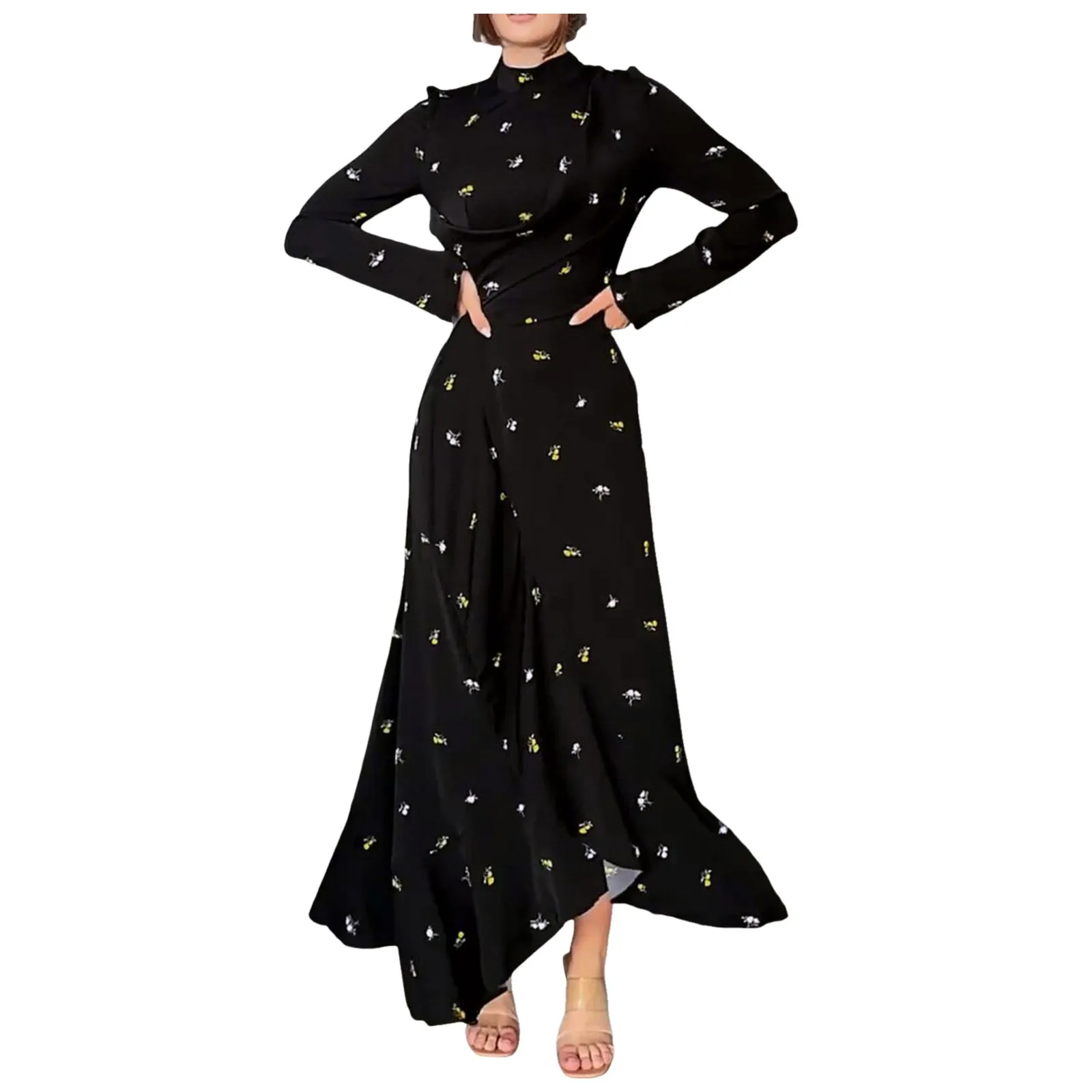 Vrouwen Eid Moslim Jurken Coltrui Print Ramadan Marokko Prachtige Feestjurk Kaftan Arab Vestidos Ruches Slim Fit Abaya