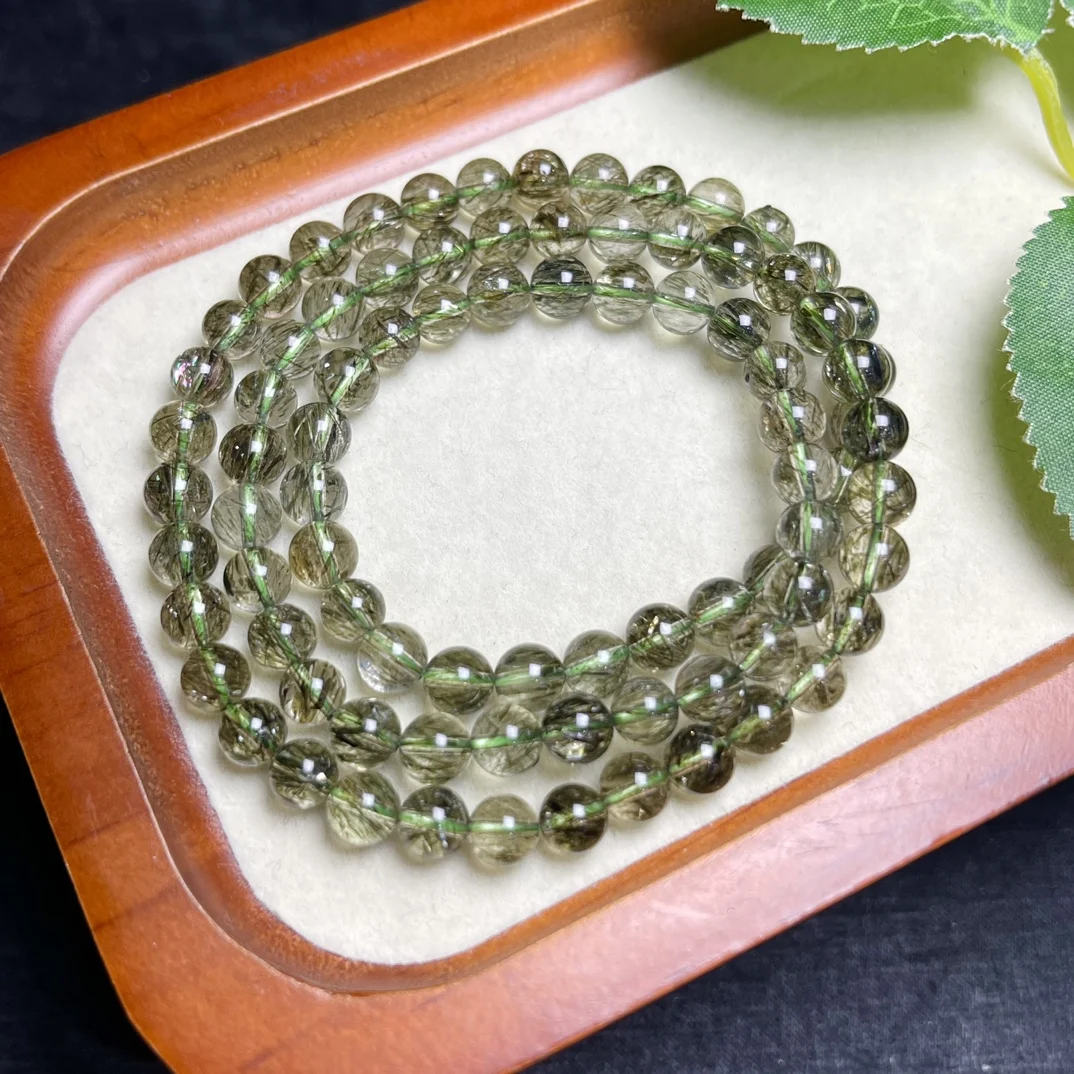 

1 Pc Fengbaowu Natural Green Rutilated Quartz Tourmaline Bracelet 55CM Round Beads Reiki Healing Stone Fashion Jewelry Gift