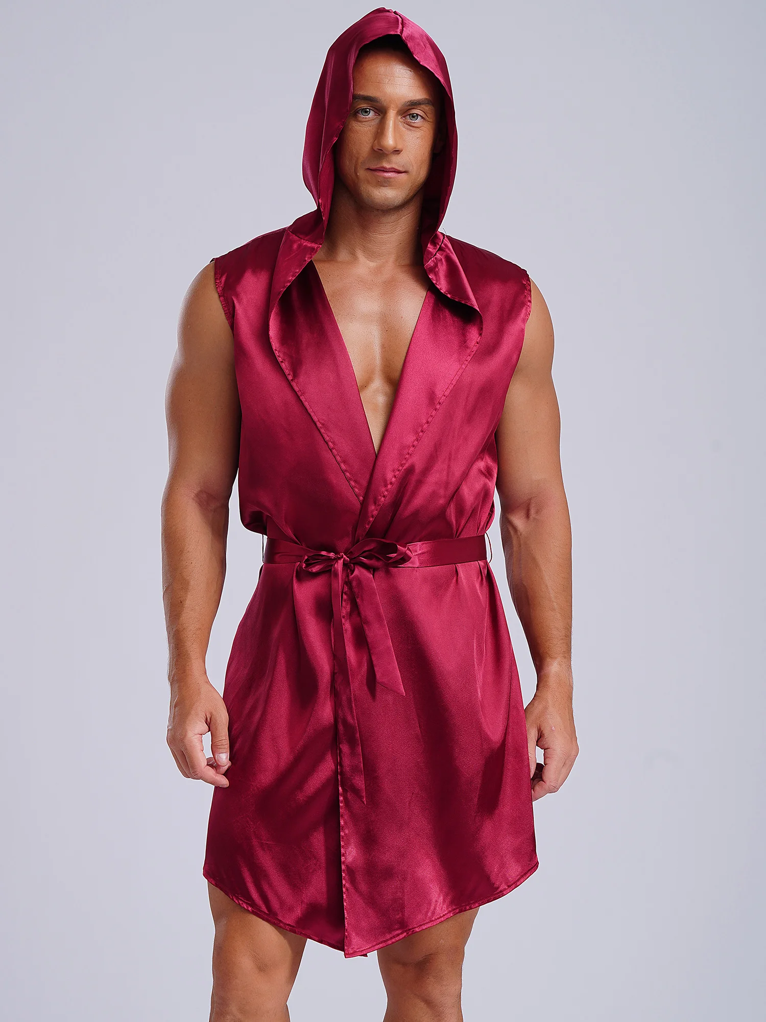 Mens Satin Hooded Pajama Robe with Belt Sleeveless Open Front Lace Up Sleepwear Sissy Bathroom Robe Homewear