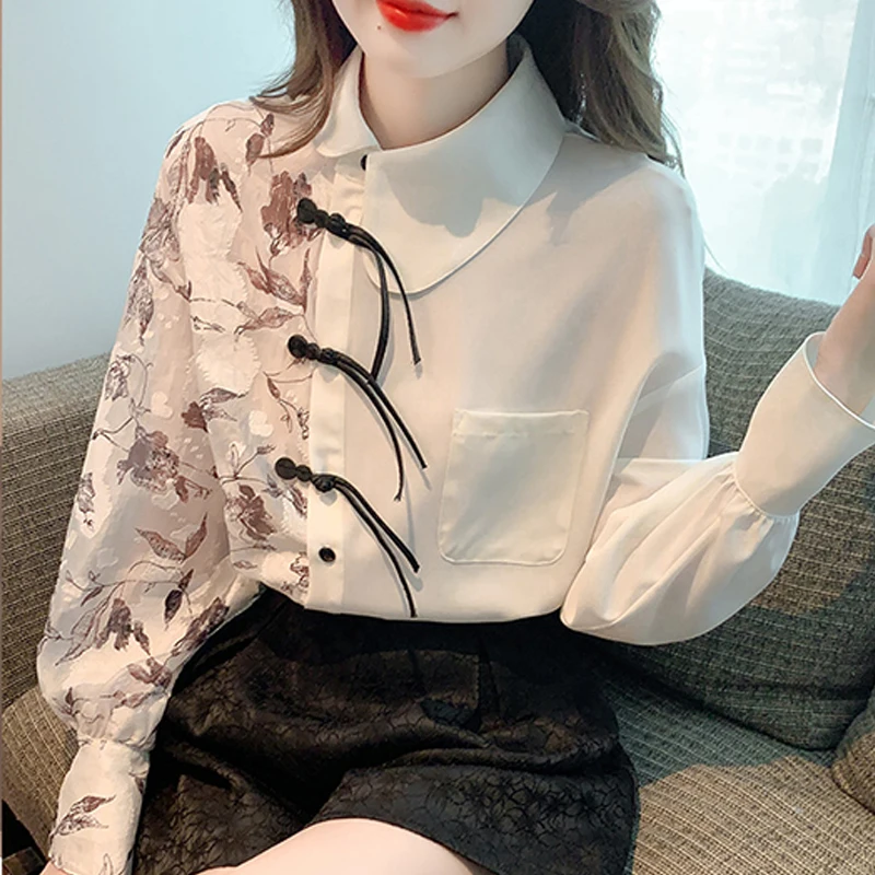 

Korean Chic Asymmetrical Spliced Shirt for Female Spring Summer Vintage Elegant Printed Long Sleeve Blouse Women's Clothing