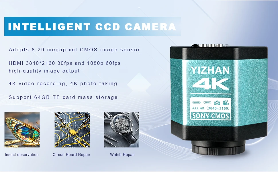 Yizhan HD 1080P Digital Electron Microscope 4K Ultra 2K HDMI Microscope USB VGA 150X Lens 5-100cm Working Distance Tripod Stand